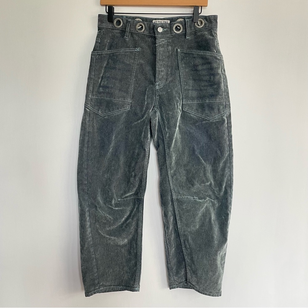 Free People Moxie Flocked Pull On Barrel Jeans Blue Pants Grommet Size 26 - Picture 3 of 14